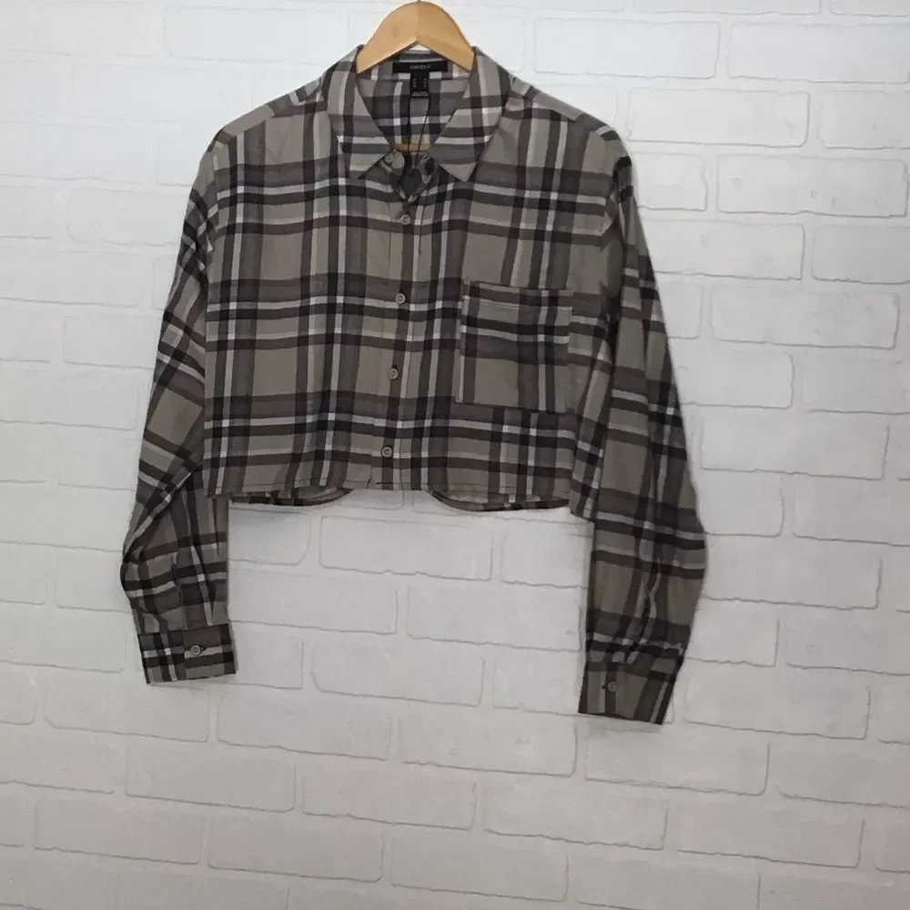 2/40$ FLANNEL plaid checkers Forever 21 oversize Crop blouse plaid beige neutral - Picture 9 of 9